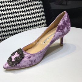 Manolo Blahnik Elegant Diamond Buckle Velvet Shoes For Women Purple