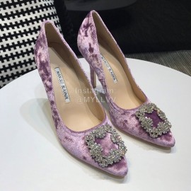 Manolo Blahnik Elegant Diamond Buckle Velvet Shoes For Women Purple