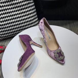 Manolo Blahnik Elegant Diamond Buckle Velvet Shoes For Women Purple