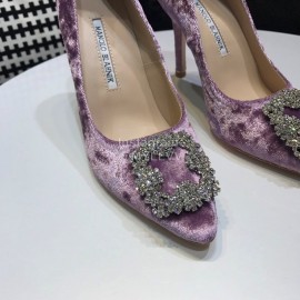 Manolo Blahnik Elegant Diamond Buckle Velvet Shoes For Women Purple