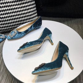 Manolo Blahnik Elegant Diamond Buckle Velvet Shoes For Women Blue