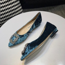Manolo Blahnik Elegant Diamond Buckle Velvet Shoes For Women Blue