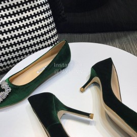 Manolo Blahnik Elegant Diamond Buckle Velvet Shoes For Women Green