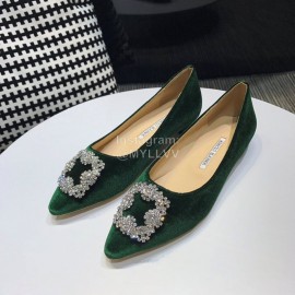 Manolo Blahnik Elegant Diamond Buckle Velvet Shoes For Women Green