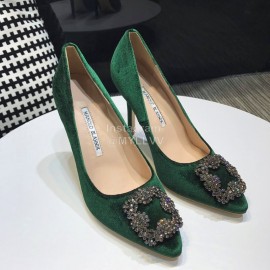 Manolo Blahnik Elegant Diamond Buckle Velvet Shoes For Women Green