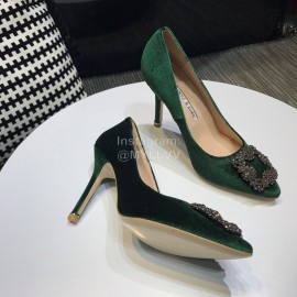 Manolo Blahnik Elegant Diamond Buckle Velvet Shoes For Women Green