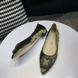 Manolo Blahnik Elegant Diamond Buckle Green Velvet Shoes For Women