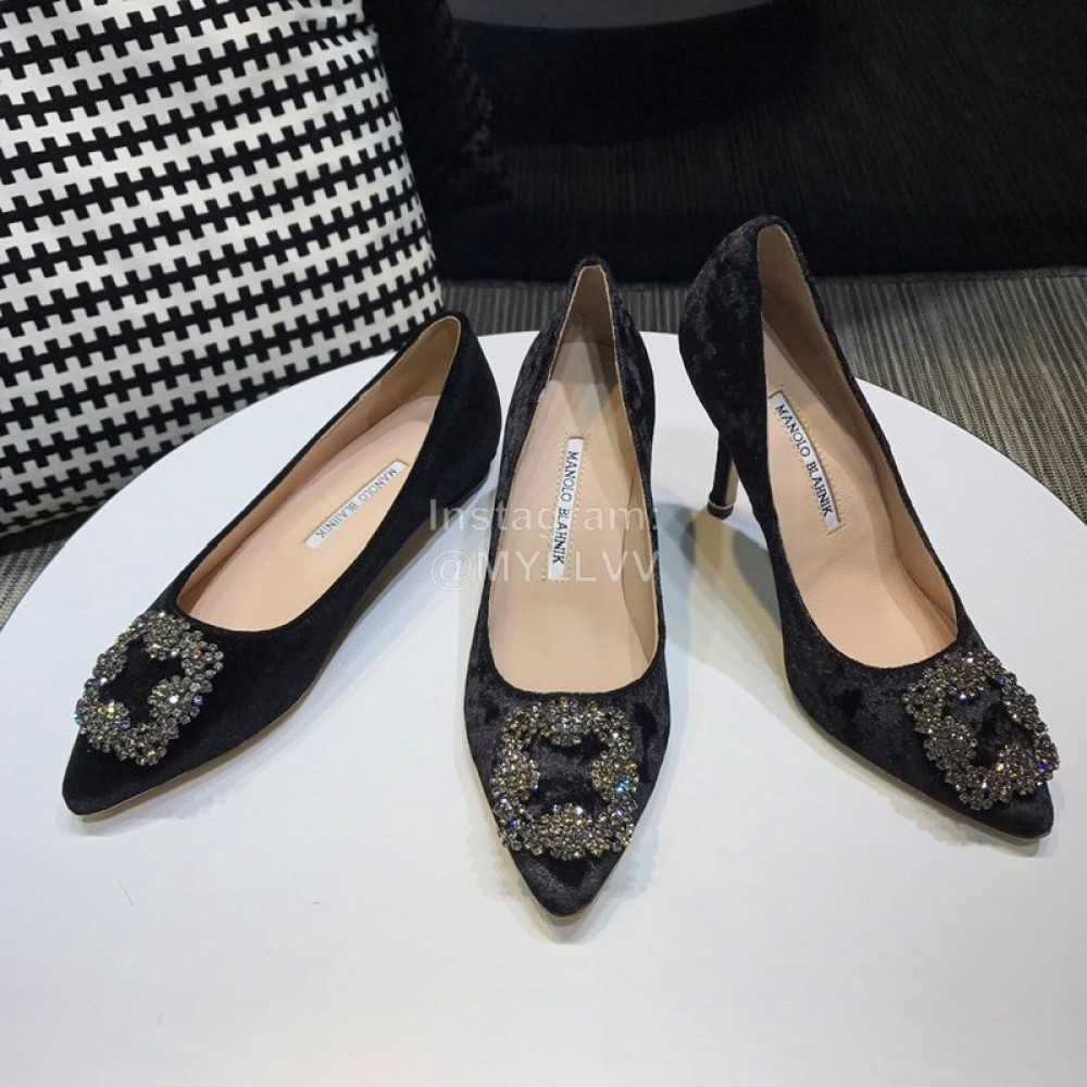 Manolo Blahnik Elegant Diamond Buckle Velvet Shoes For Women