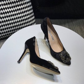 Manolo Blahnik Elegant Diamond Buckle Velvet Shoes For Women