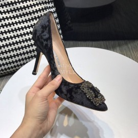 Manolo Blahnik Elegant Diamond Buckle Velvet Shoes For Women