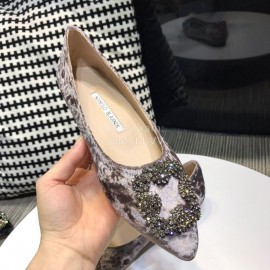 Manolo Blahnik Elegant Diamond Buckle Velvet Shoes For Women Gray
