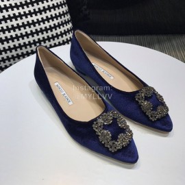 Manolo Blahnik Elegant Diamond Buckle Blue Velvet Shoes For Women 