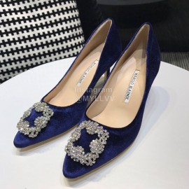 Manolo Blahnik Elegant Diamond Buckle Blue Velvet Shoes For Women 
