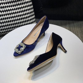 Manolo Blahnik Elegant Diamond Buckle Blue Velvet Shoes For Women 