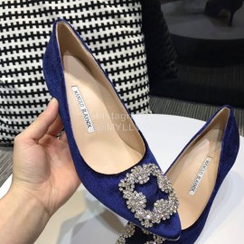 Manolo Blahnik Elegant Diamond Buckle Blue Velvet Shoes For Women 
