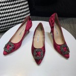 Manolo Blahnik Elegant Diamond Buckle Velvet Shoes For Women Red