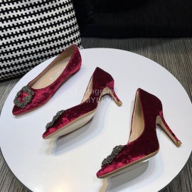 Manolo Blahnik Elegant Diamond Buckle Velvet Shoes For Women Red