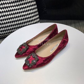 Manolo Blahnik Elegant Diamond Buckle Velvet Shoes For Women Red
