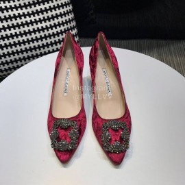 Manolo Blahnik Elegant Diamond Buckle Velvet Shoes For Women Red