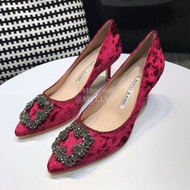 Manolo Blahnik Elegant Diamond Buckle Velvet Shoes For Women Red