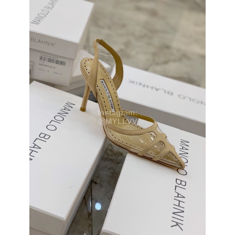 Manolo Blahnik Pvc Sheepskin Pointed High Heel Sandals For Women Khaki