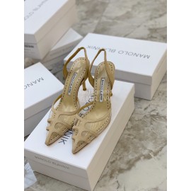 Manolo Blahnik Pvc Sheepskin Pointed High Heel Sandals For Women Khaki