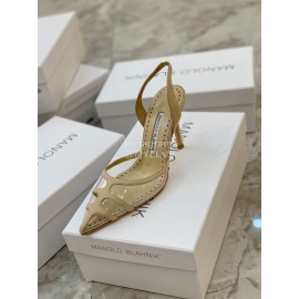 Manolo Blahnik Pvc Sheepskin Pointed High Heel Sandals For Women Khaki