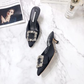 Manolo Blahnik Silk Diamond Buckle High Heel Sandals For Women Black