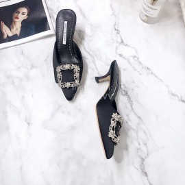 Manolo Blahnik Silk Diamond Buckle High Heel Sandals For Women Black