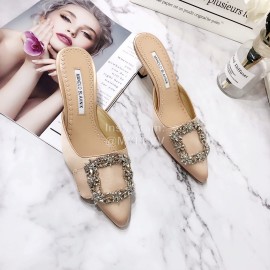 Manolo Blahnik Silk Diamond Buckle High Heel Sandals For Women Beige