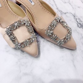 Manolo Blahnik Silk Diamond Buckle High Heel Sandals For Women Beige