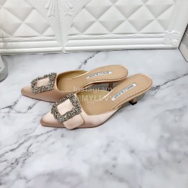 Manolo Blahnik Silk Diamond Buckle High Heel Sandals For Women Beige