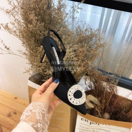 Manolo Blahnik Diamond Buckle Silk High Heel Sandals For Women Black