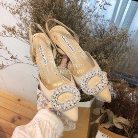 Manolo Blahnik Diamond Buckle Silk High Heel Sandals For Women Khaki