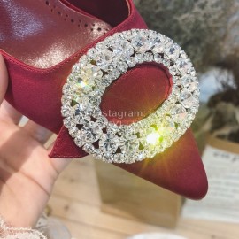 Manolo Blahnik Diamond Buckle Silk High Heel Sandals For Women Wine Red