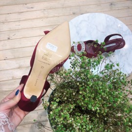 Manolo Blahnik Diamond Buckle Silk High Heel Sandals For Women Wine Red