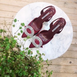 Manolo Blahnik Diamond Buckle Silk High Heel Sandals For Women Wine Red