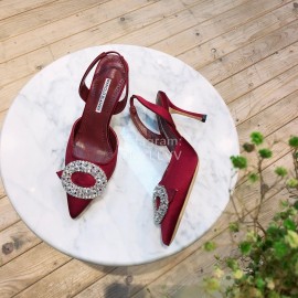 Manolo Blahnik Diamond Buckle Silk High Heel Sandals For Women Wine Red