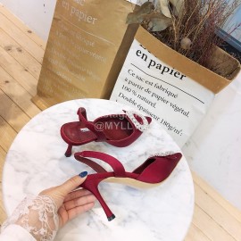 Manolo Blahnik Diamond Buckle Silk High Heel Sandals For Women Wine Red