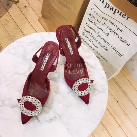 Manolo Blahnik Diamond Buckle Silk High Heel Sandals For Women Wine Red