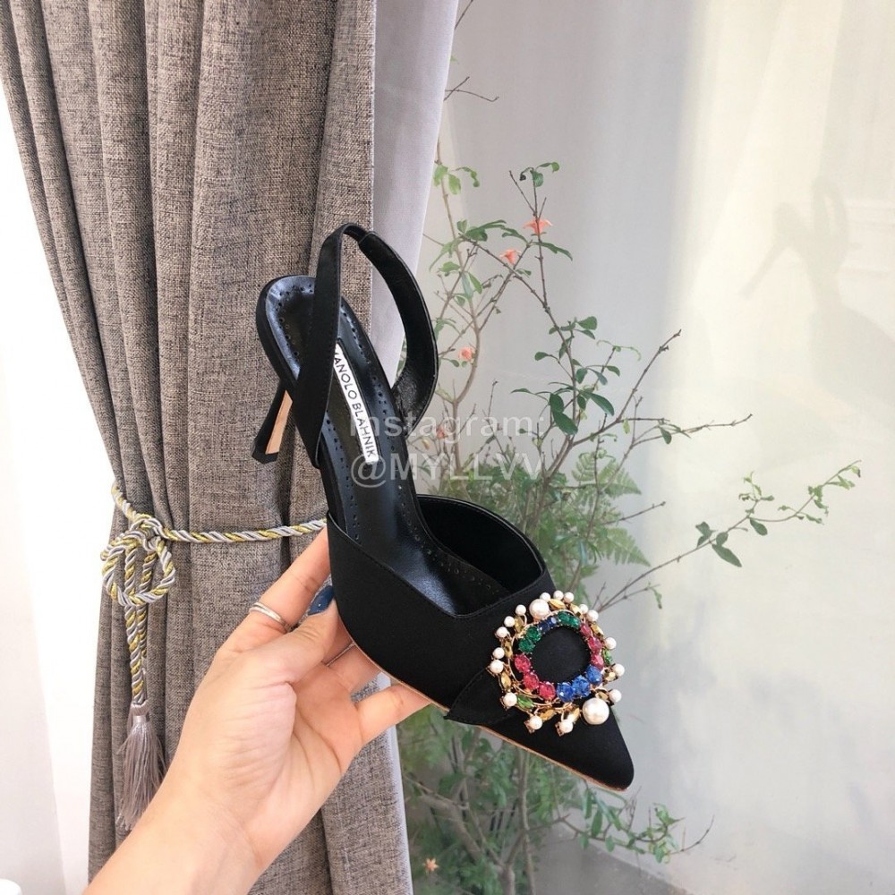 Manolo Blahnik Pearl Buckle Silk High Heel Sandals For Women Black