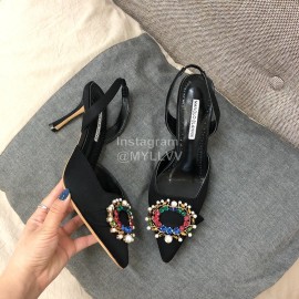 Manolo Blahnik Pearl Buckle Silk High Heel Sandals For Women Black