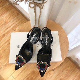 Manolo Blahnik Pearl Buckle Silk High Heel Sandals For Women Black