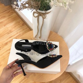 Manolo Blahnik Pearl Buckle Silk High Heel Sandals For Women Black