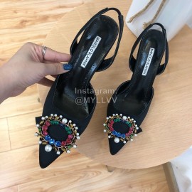 Manolo Blahnik Pearl Buckle Silk High Heel Sandals For Women Black