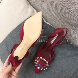 Manolo Blahnik Pearl Buckle Silk High Heel Sandals For Women Red