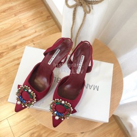 Manolo Blahnik Pearl Buckle Silk High Heel Sandals For Women Red