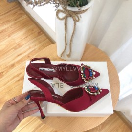 Manolo Blahnik Pearl Buckle Silk High Heel Sandals For Women Red