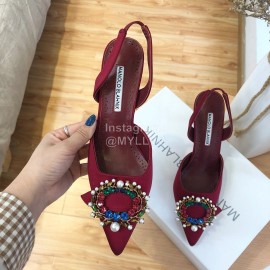Manolo Blahnik Pearl Buckle Silk High Heel Sandals For Women Red
