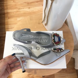 Manolo Blahnik Pearl Buckle Silk High Heel Sandals For Women Gray